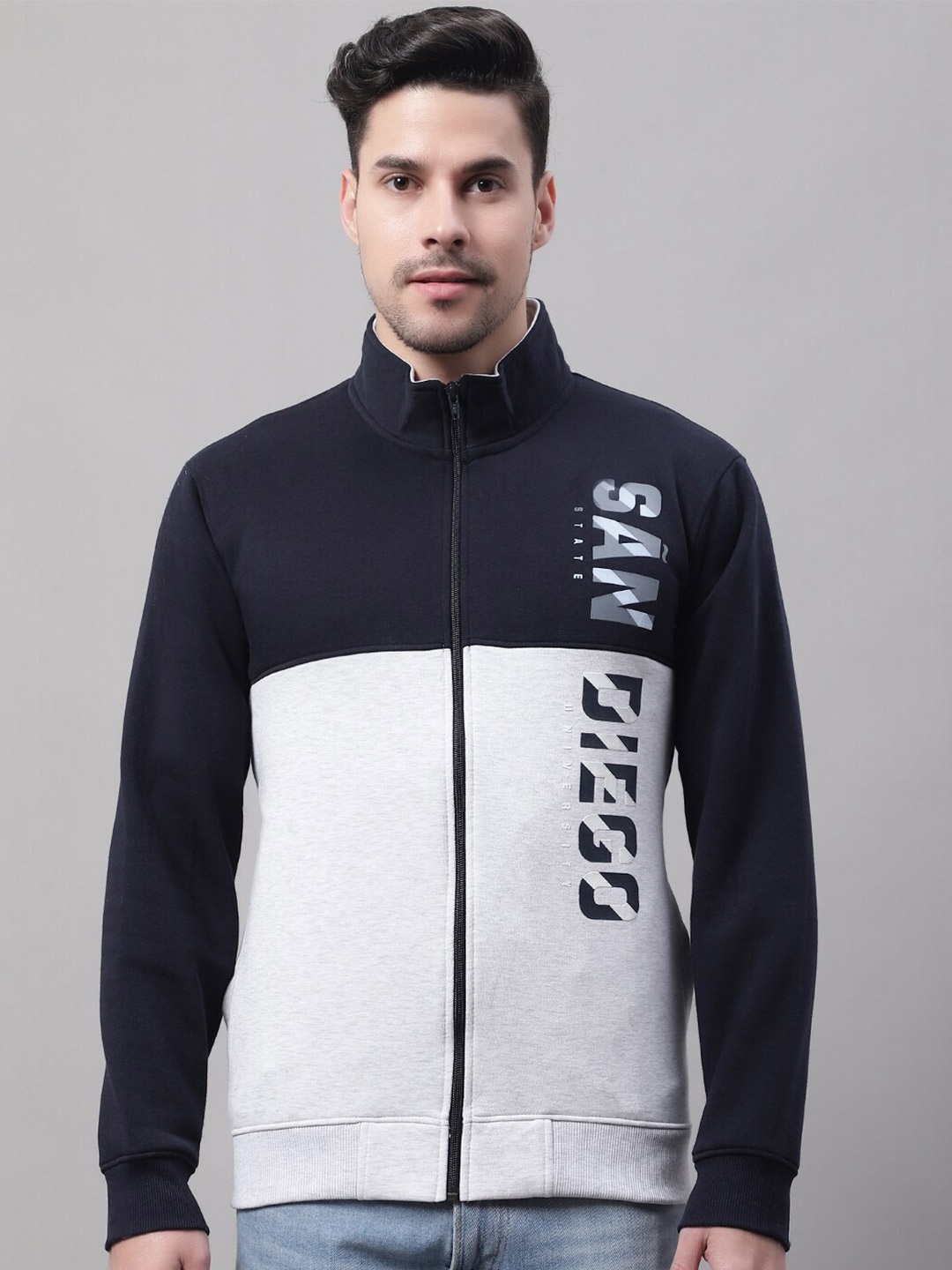 

Cantabil Men Colourblocked Front-Open Knitted Sweatshirt, Navy blue