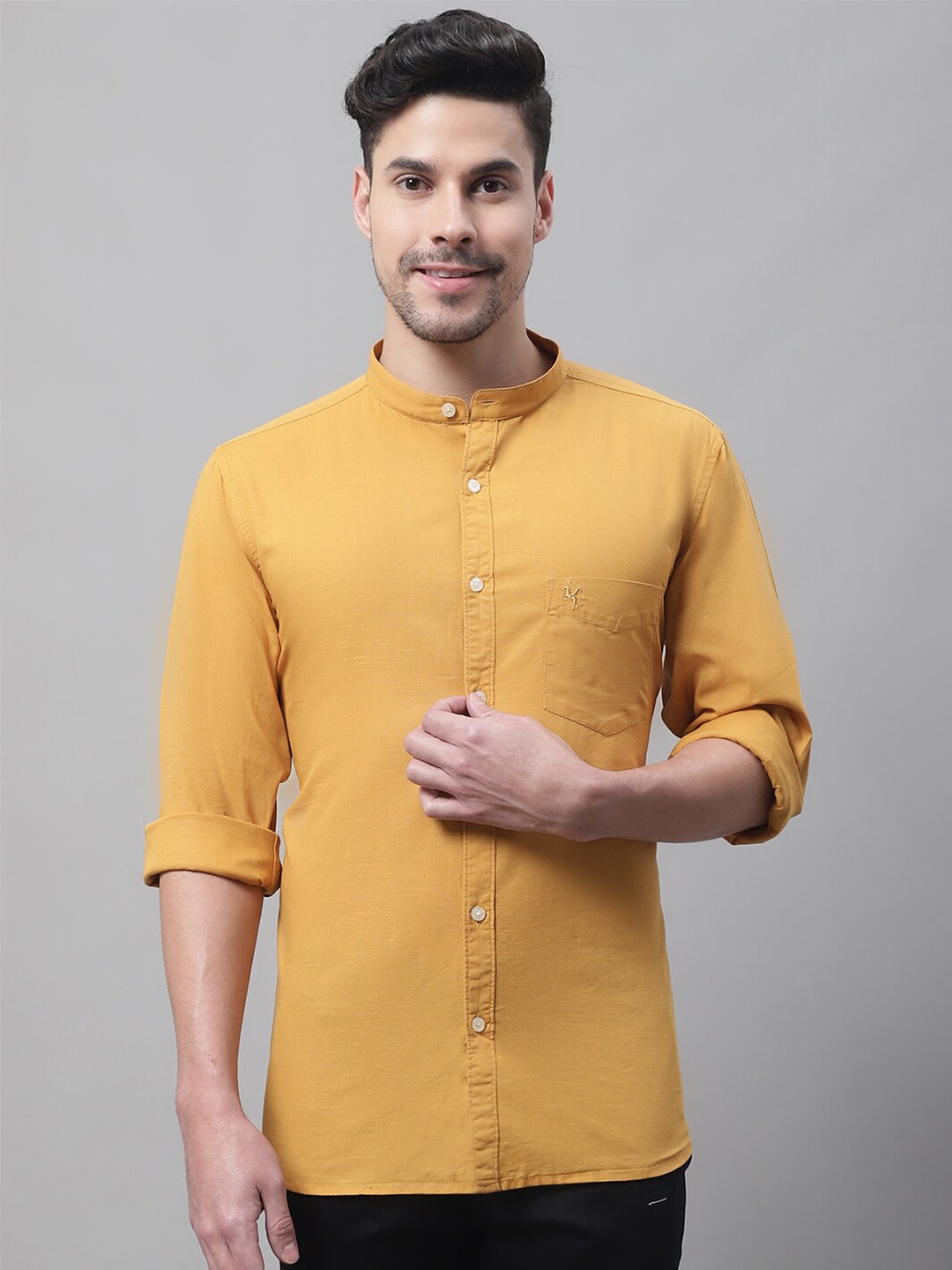

Cantabil Men Band Collar Casual Cotton Shirt, Mustard