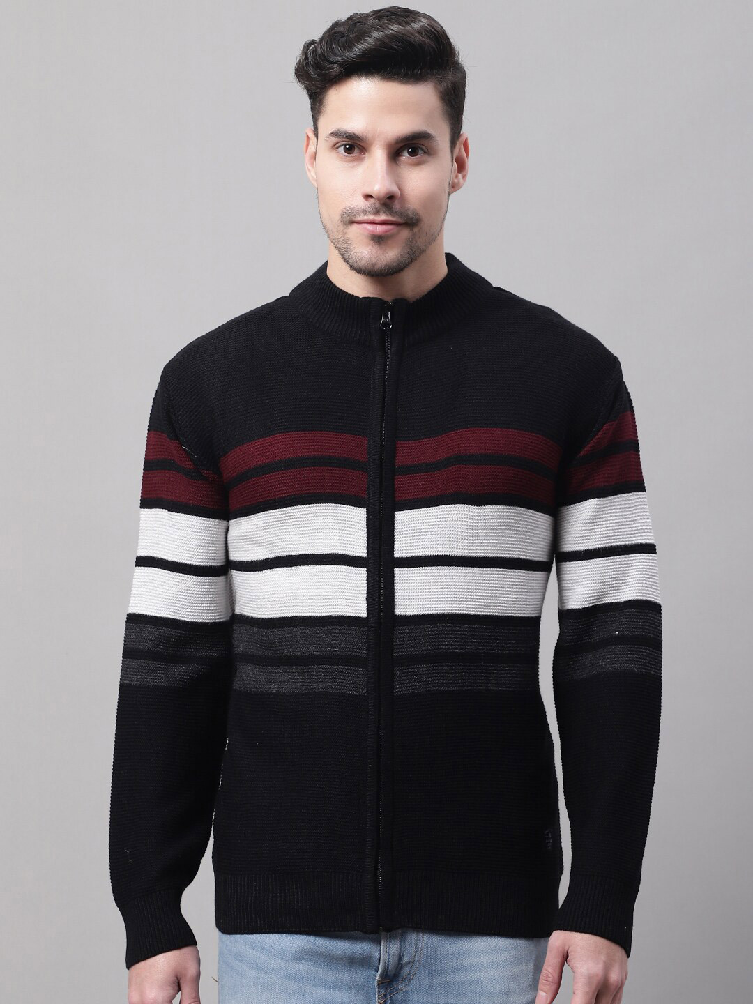 

Cantabil Men Striped Cardigan Acrylic Sweater, Black