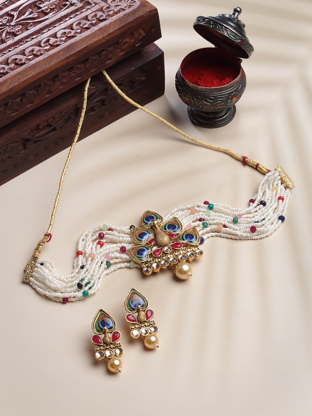 

PANASH Gold-Plated Peacock Shape Stone Studded Choker Jewellery Set, White