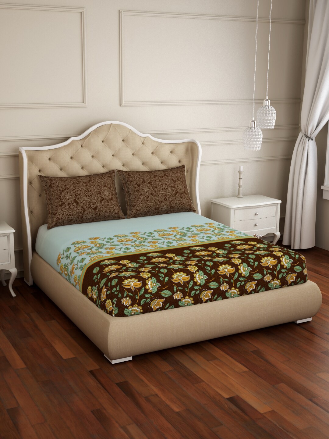 

SPACES Green & Brown Floral 210 TC Fitted Pure Cotton Queen Bedsheet with 2 Pillow Covers