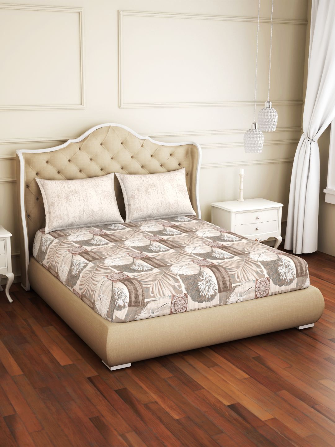 

SPACES Grey & Brown Floral 144 TC Fitted Pure Cotton King Bedsheet with 2 Pillow Covers