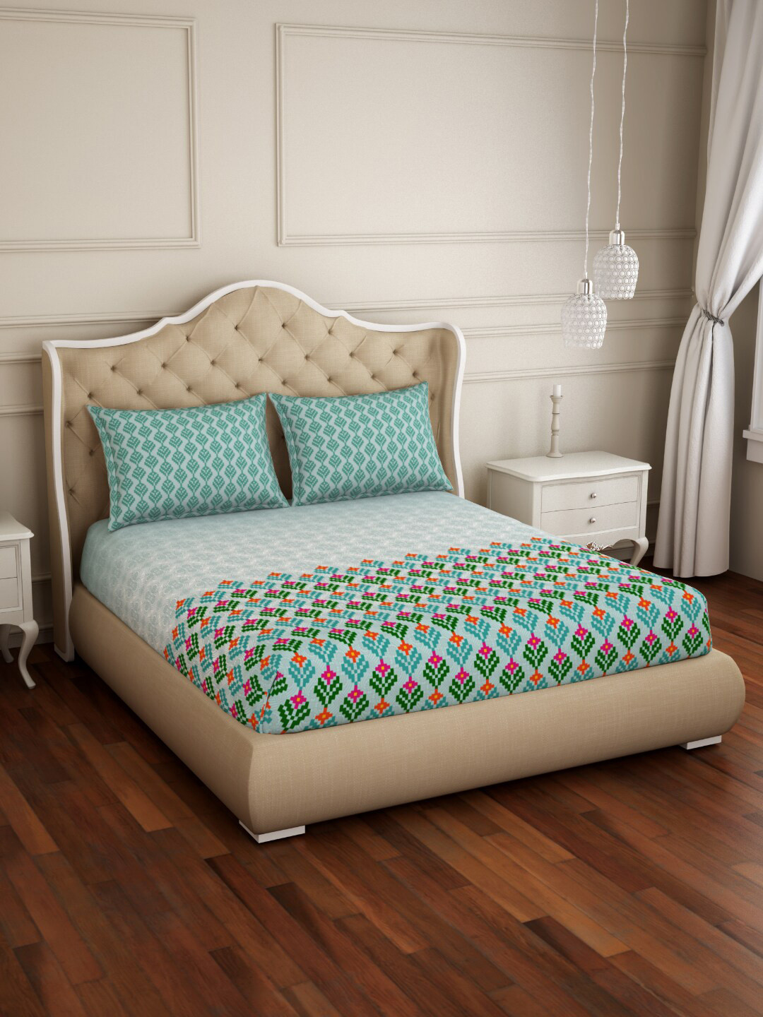 

SPACES Atrium Plus Ecom Teal Green Pure Cotton Fitted Queen Bedsheet with 2 Pillow Covers