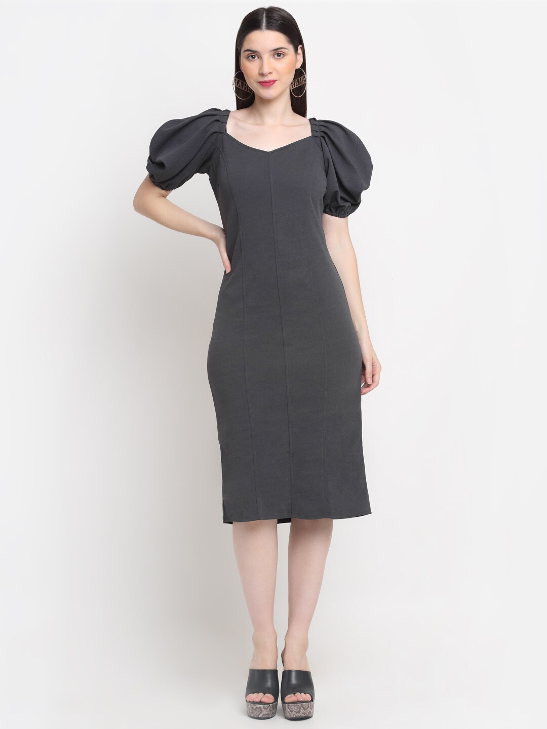 

BUY NEW TREND Puff Sleeves Sheath Midi Dress, Grey