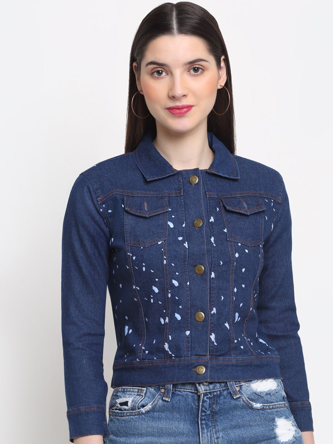

BUY NEW TREND Women Printed Cotton Lightweight Denim Jacket, Navy blue