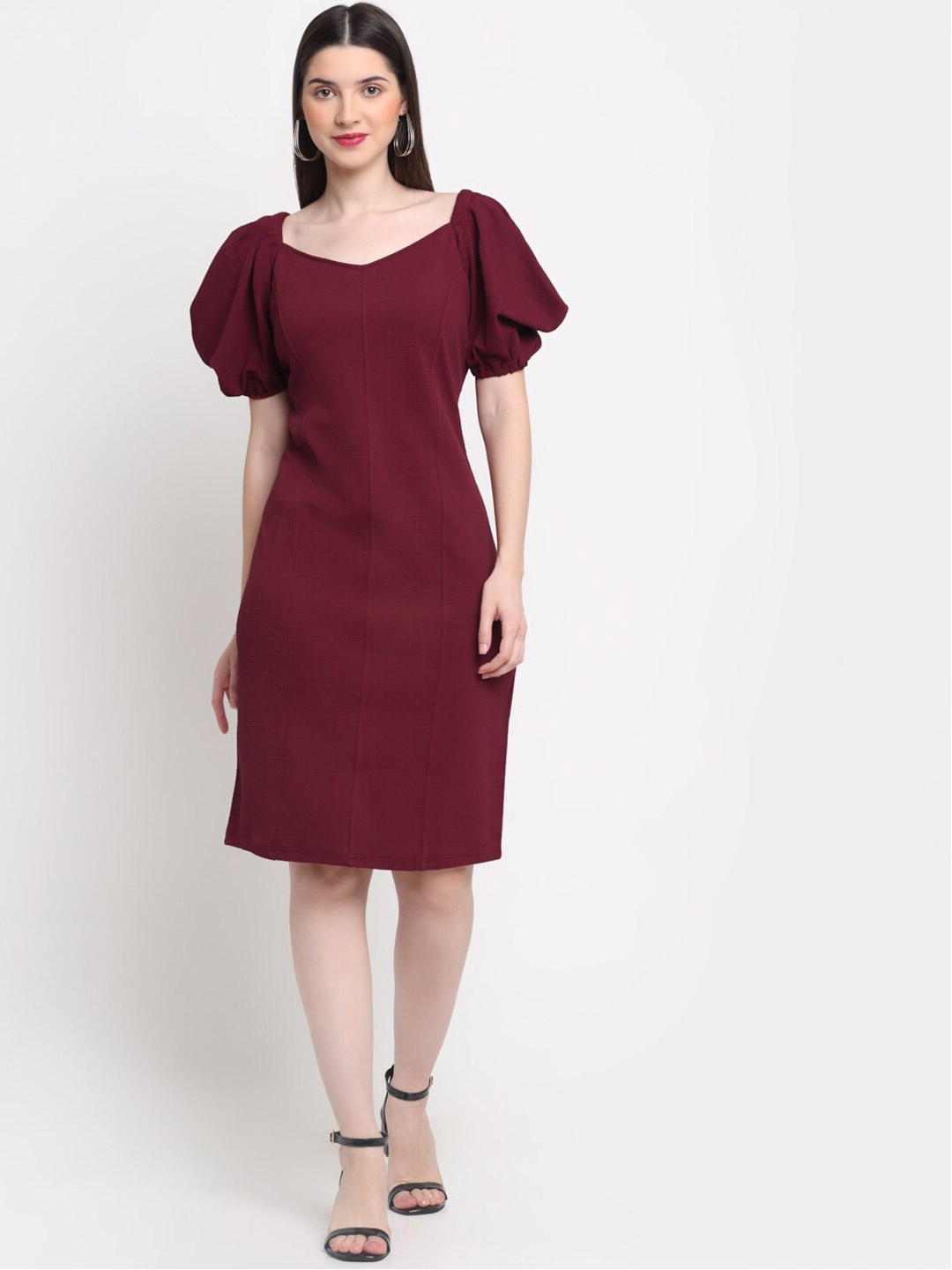 

BUY NEW TREND Puff Sleeves Cotton Sheath Dress, Maroon