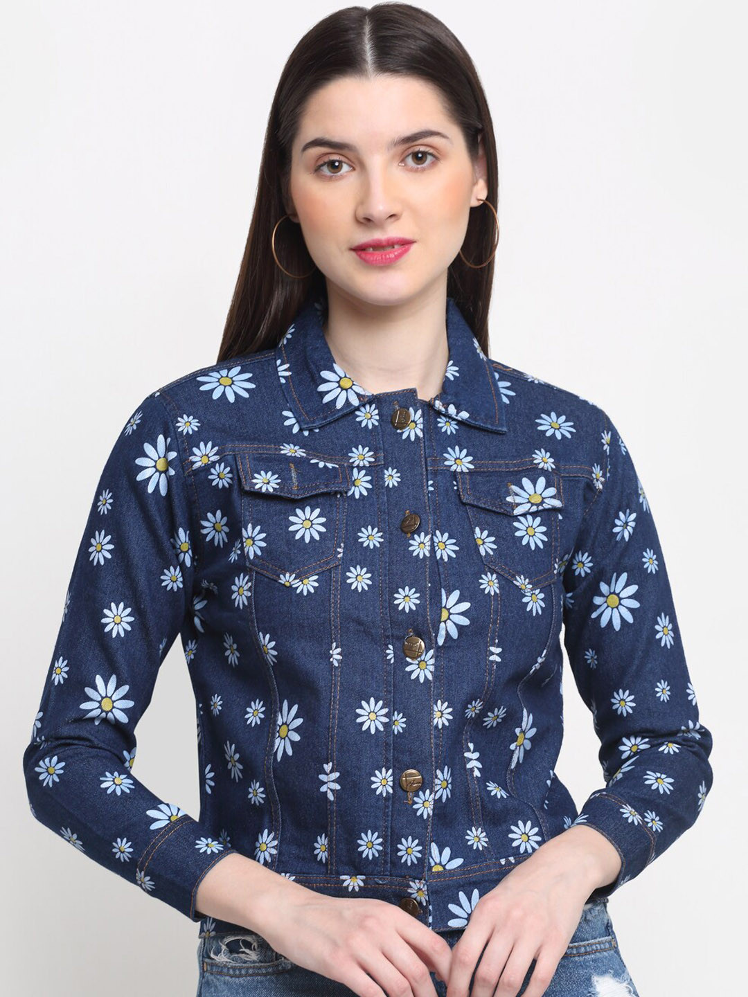 

BUY NEW TREND Women Floral Printed Lightweight Denim Jacket, Blue