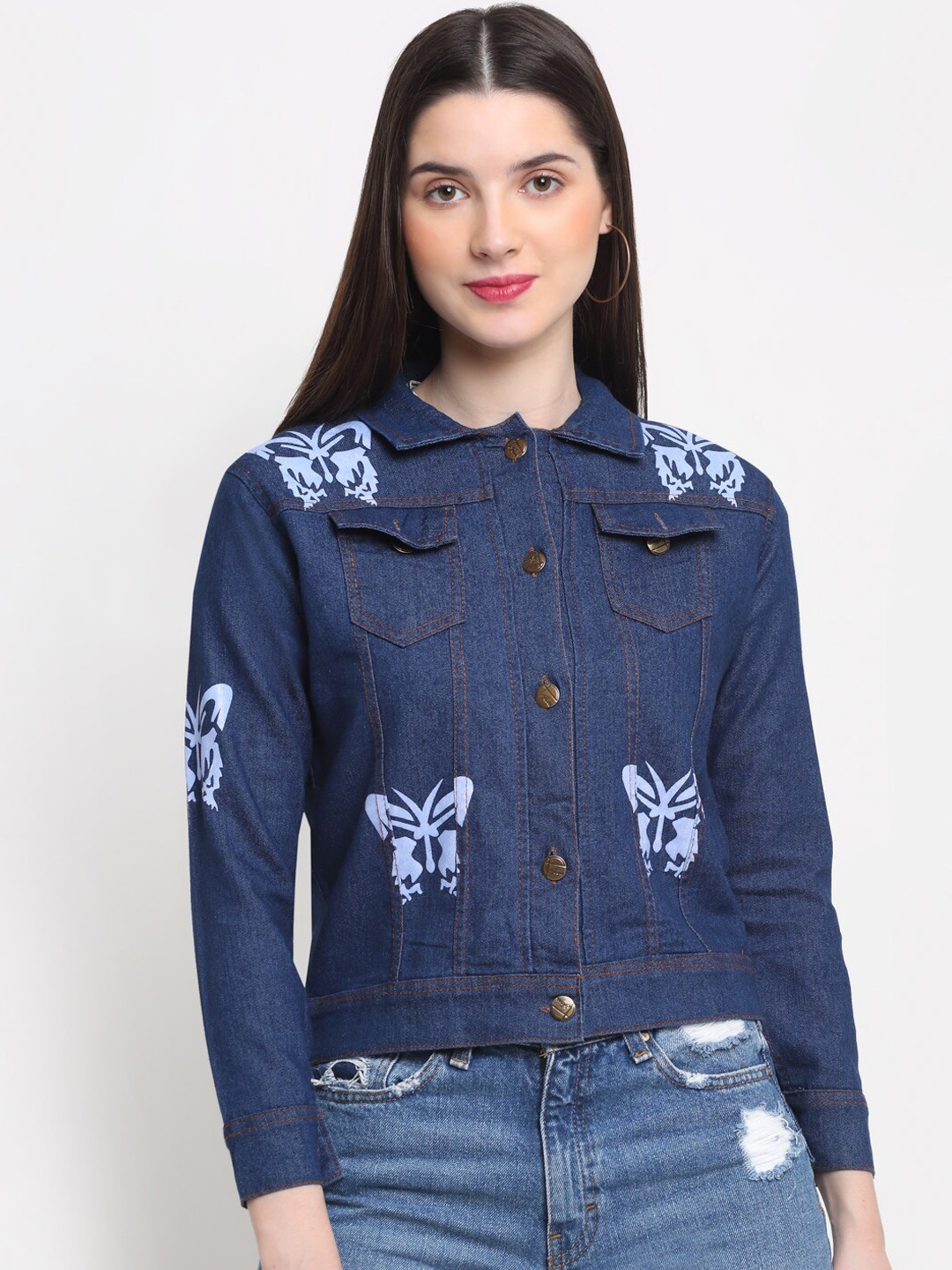 

BUY NEW TREND Women Printed Cotton Lightweight Denim Jacket, Blue