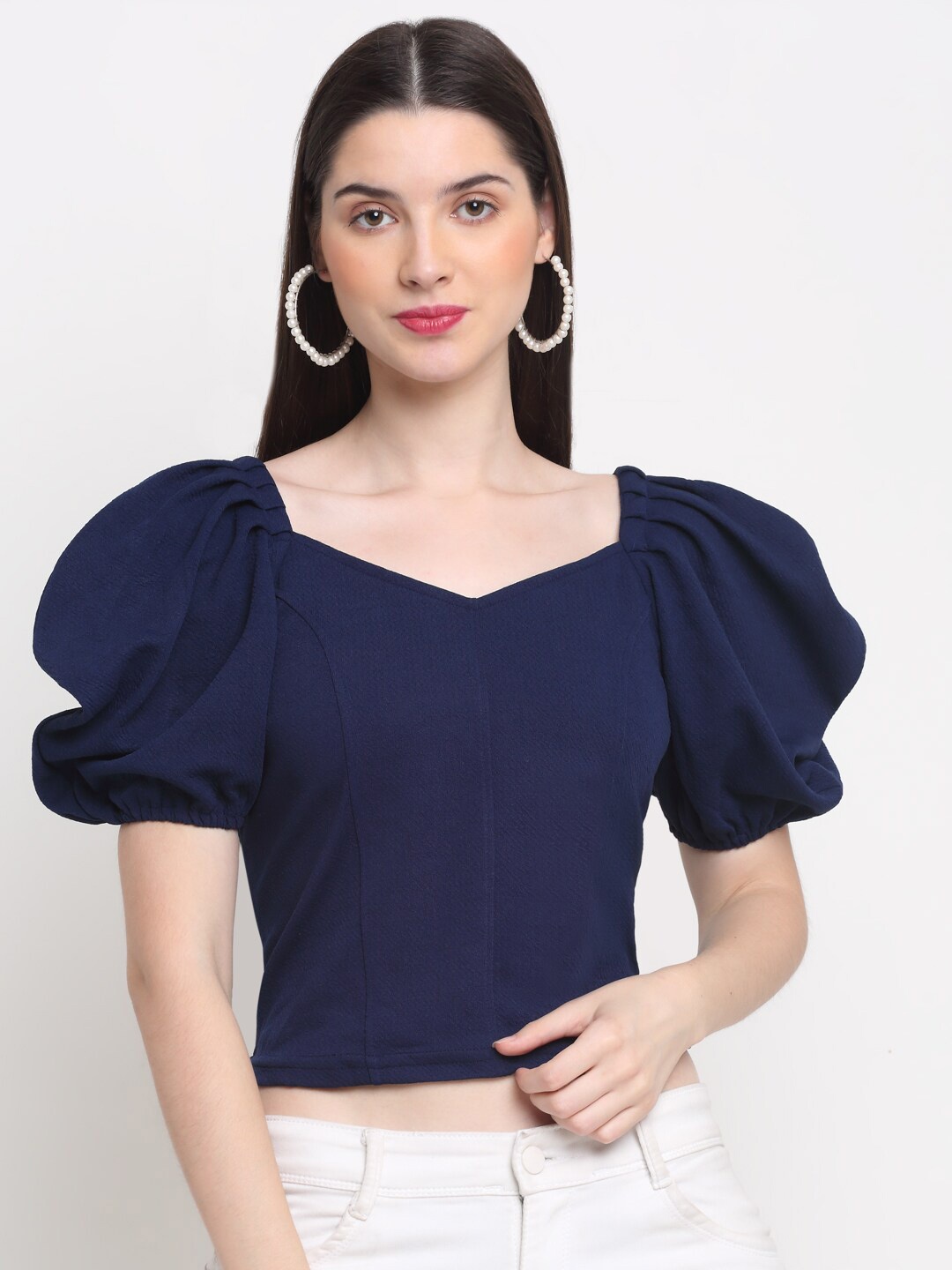 

BUY NEW TREND Regular Puff Sleeves Crop Top, Navy blue
