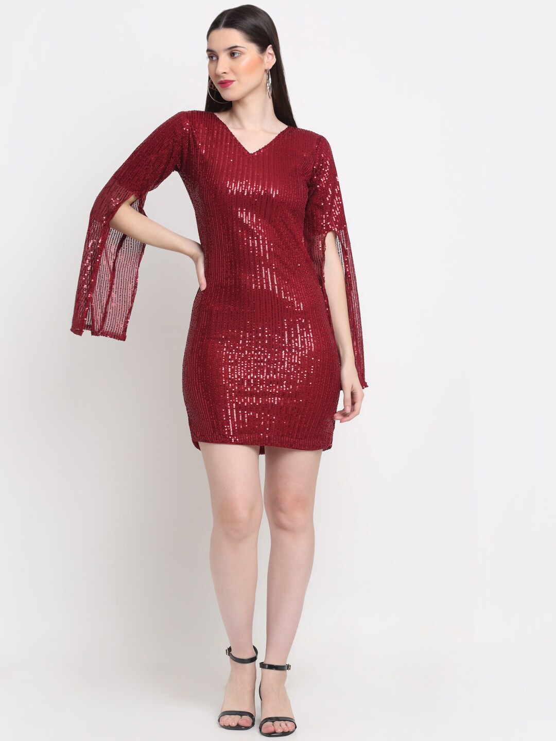 

BUY NEW TREND Sequined Embellished Slit Sleeve Bodycon Dress, Maroon