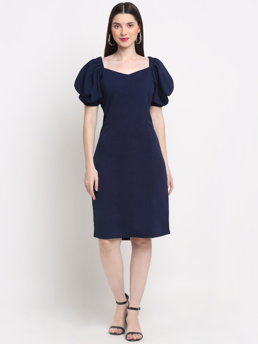 

BUY NEW TREND Puff Sleeve Cotton Sheath Dress, Navy blue