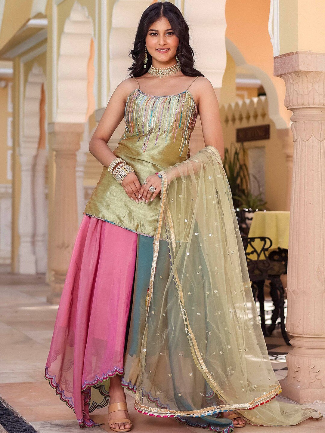 

Lavanya The Label Women Sequinned Kurti & Skirt With Dupatta, Green