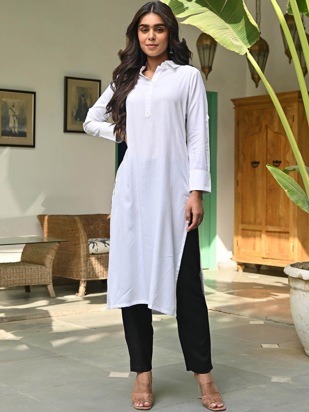 

Lavanya The Label Women Shirt Collar Roll-Up Sleeves Kurta with Trousers, White