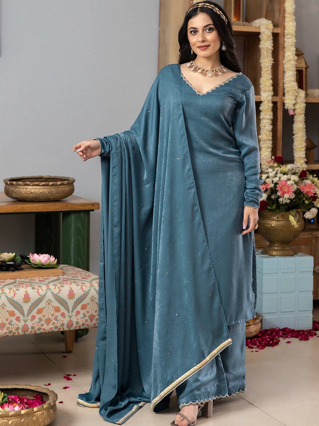 

Lavanya The Label V-Neck Velvet Straight Kurta with Palazzos & With Dupatta, Teal