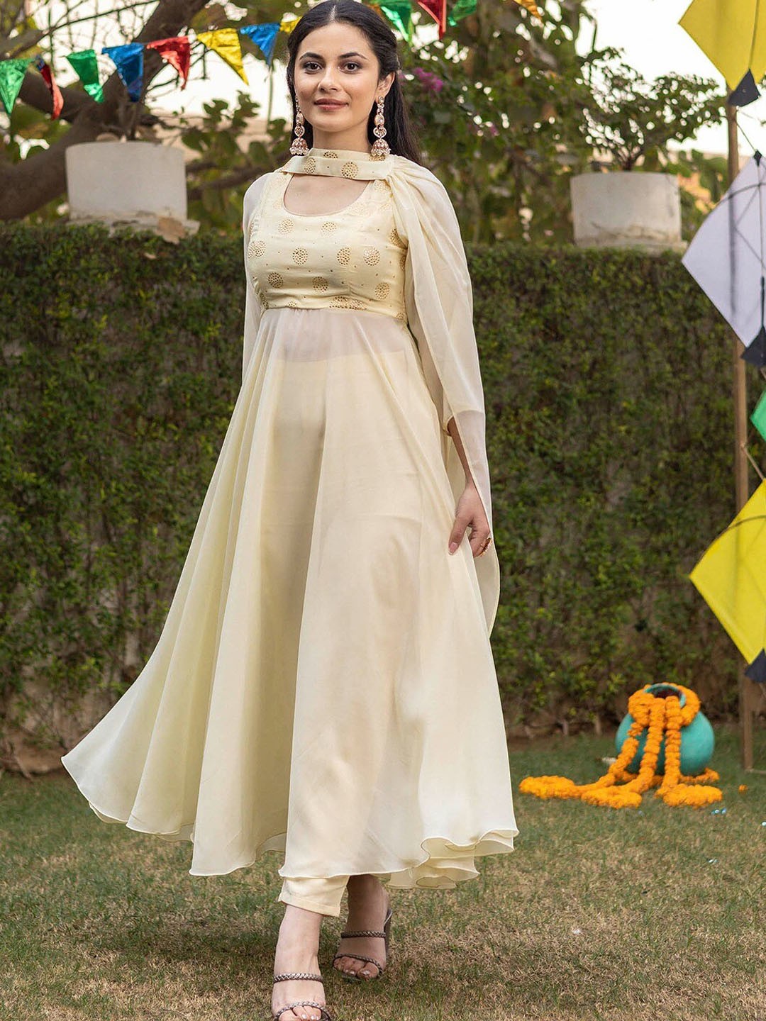 

Lavanya The Label Women Beads & Stones Anarkali Kurta With Trousers & Dupatta, Yellow