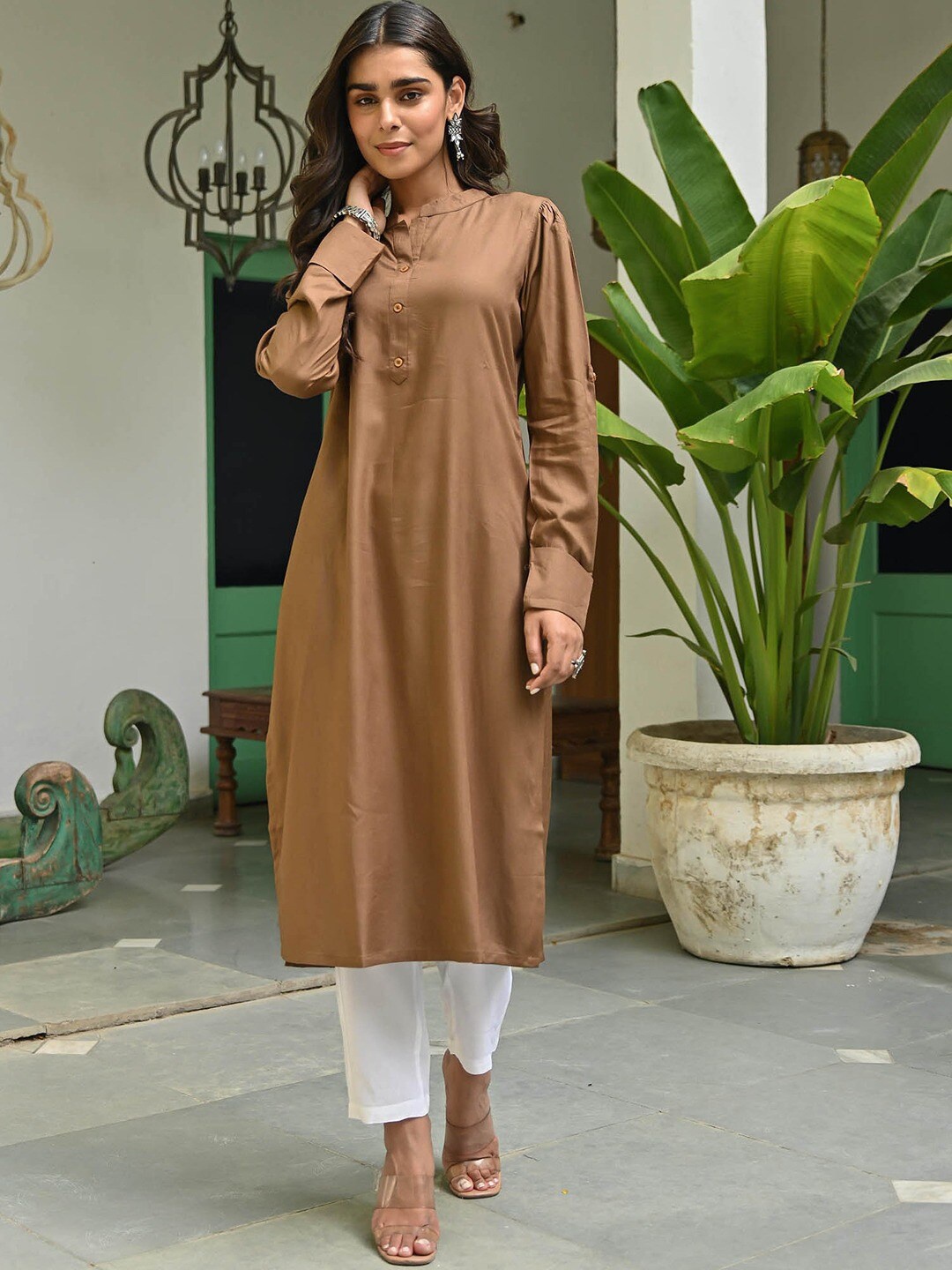 

Lavanya The Label Women Shirt Collar Roll-Up Sleeves Kurta with Trousers, Brown
