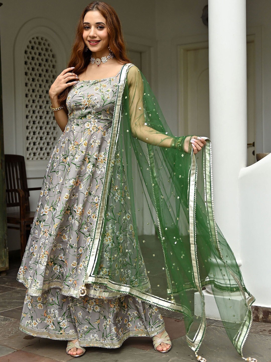 

Lavanya The Label Women Floral Printed Pure Silk Kurta With Sharara & Dupatta, Grey