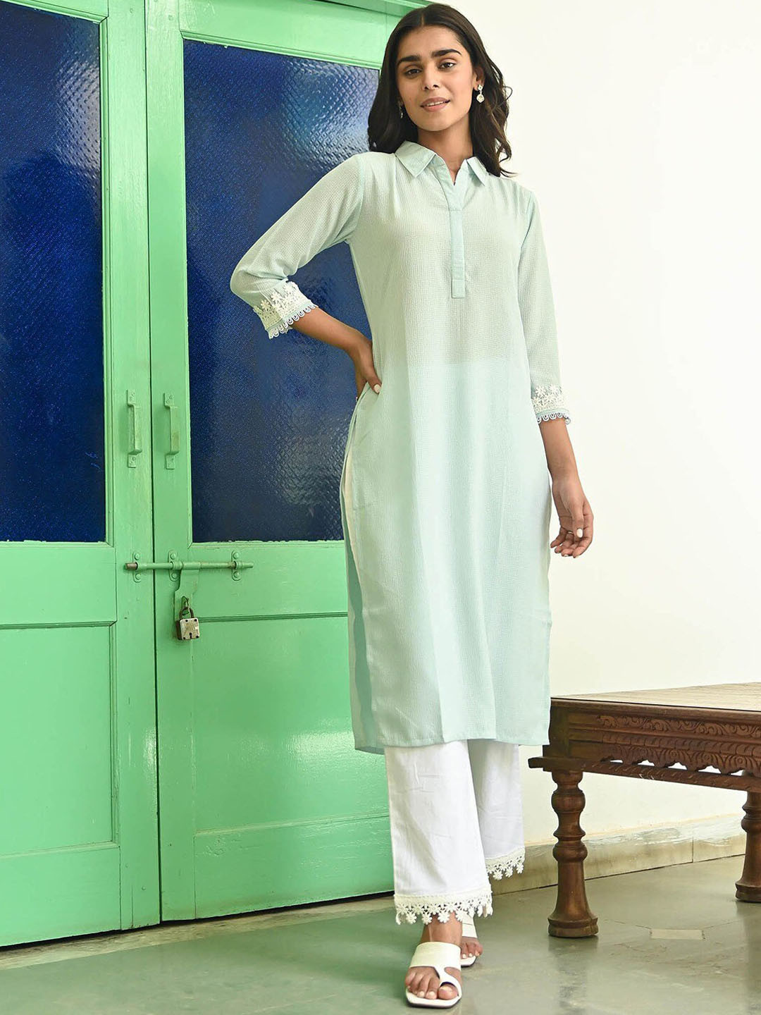 

Lavanya The Label Women Pure Cotton Shirt Collar Kurta with Trousers, Green