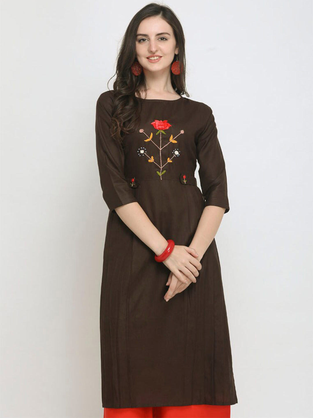 

SAPTRANGI Women Floral Embroidered Kurta, Brown