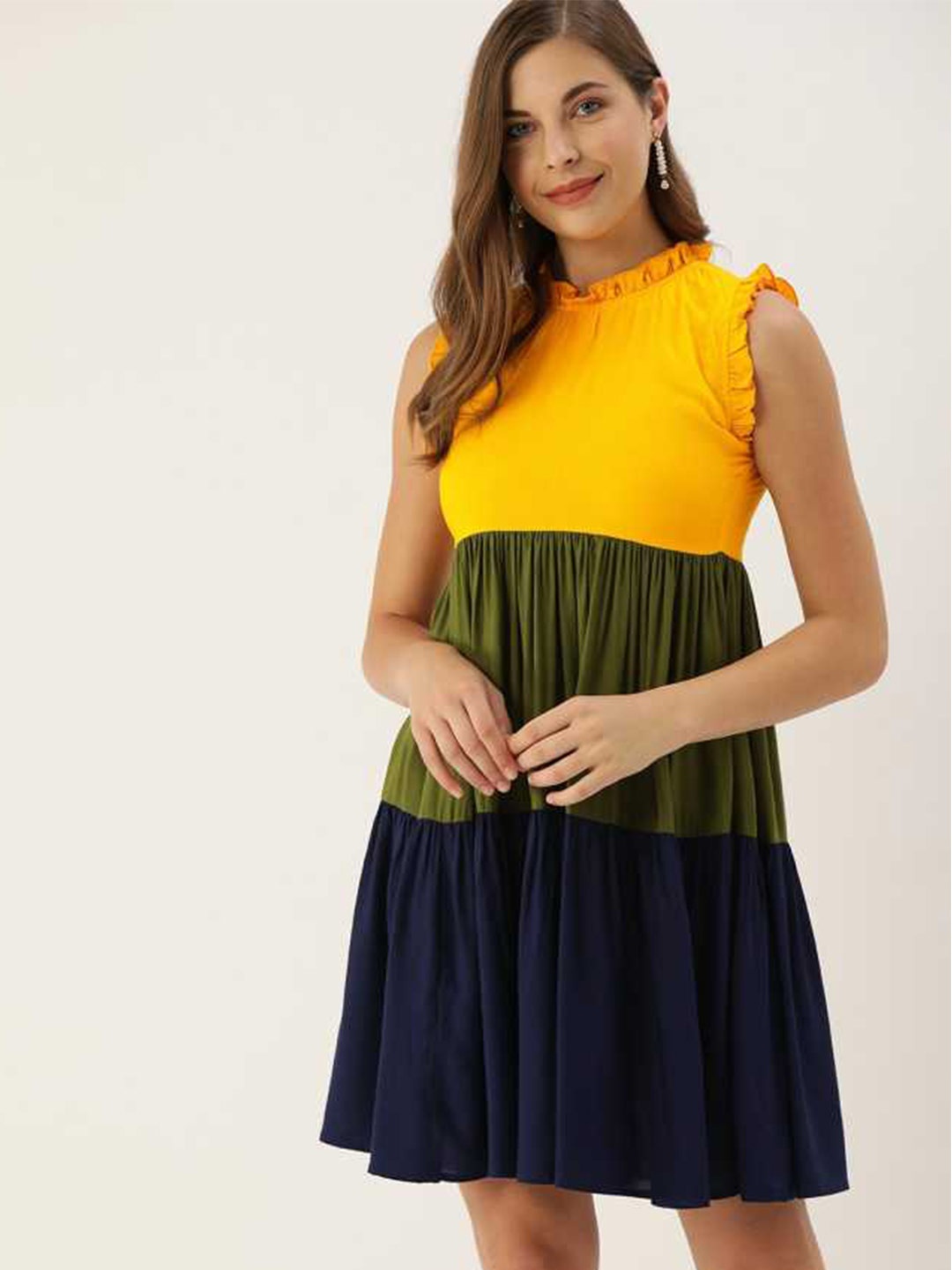 

The Dry State Women Colourblocked Fit & Flare Dress, Yellow