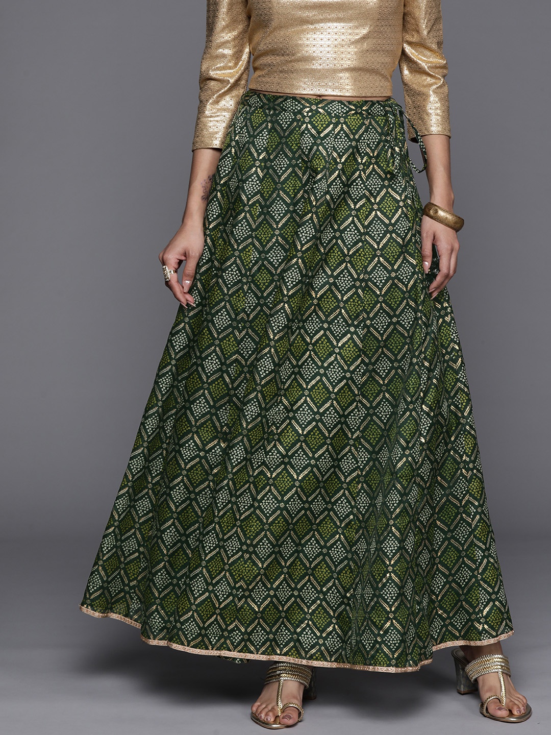 

Varanga Printed Tie-Ups A-Line Maxi Skirt, Green