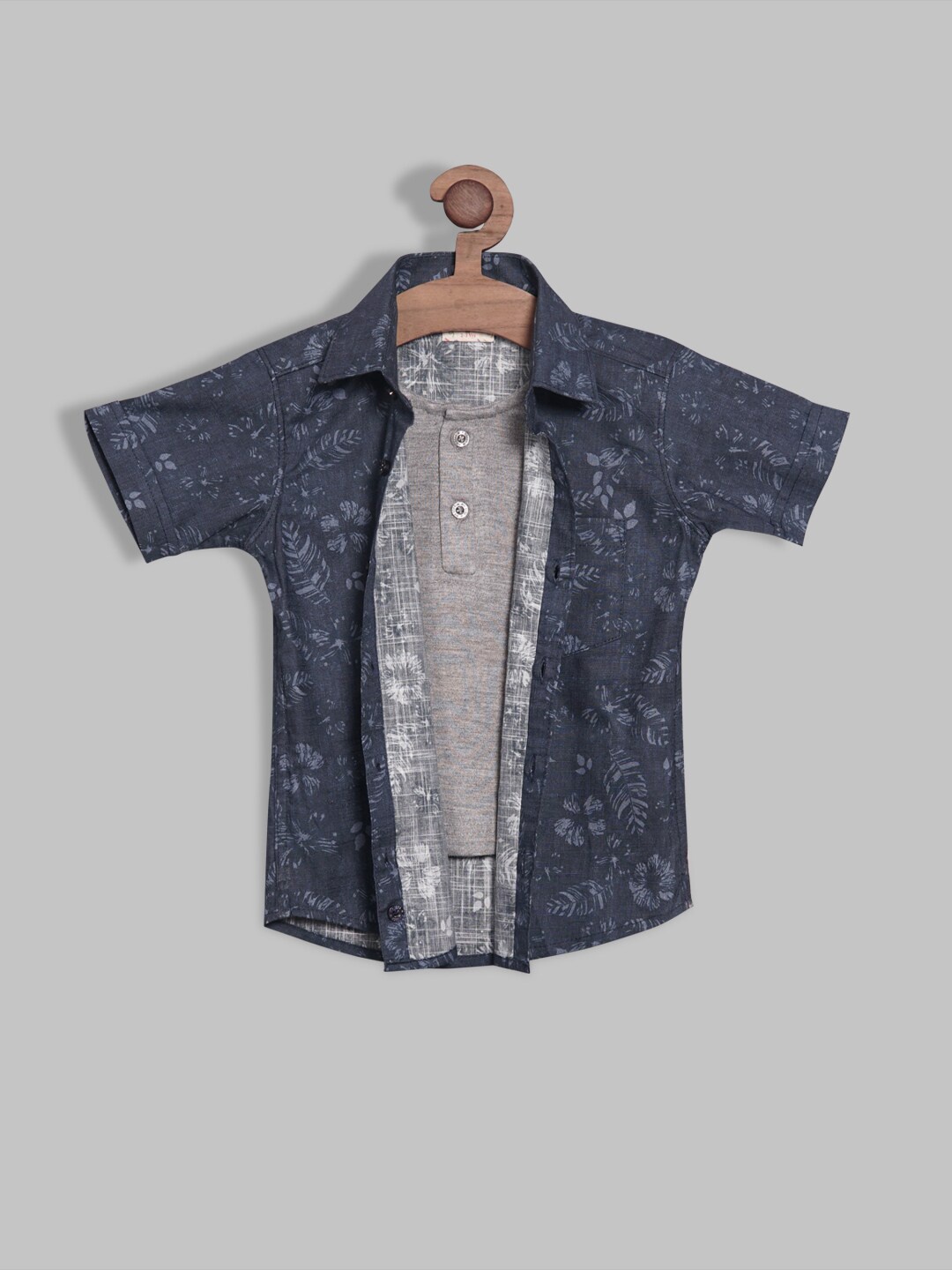 

RIKIDOOS Boys Contemporary Floral Printed Casual Cotton Shirt with T-Shirt, Grey