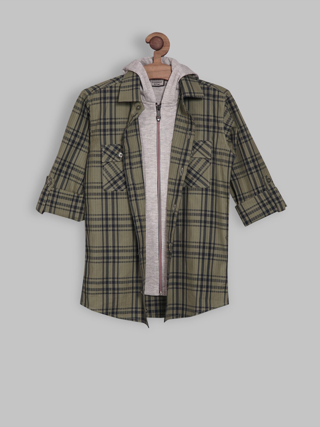 

RIKIDOOS Boys Contemporary Tartan Checked Casual Cotton Shirt with T-Shirt, Olive