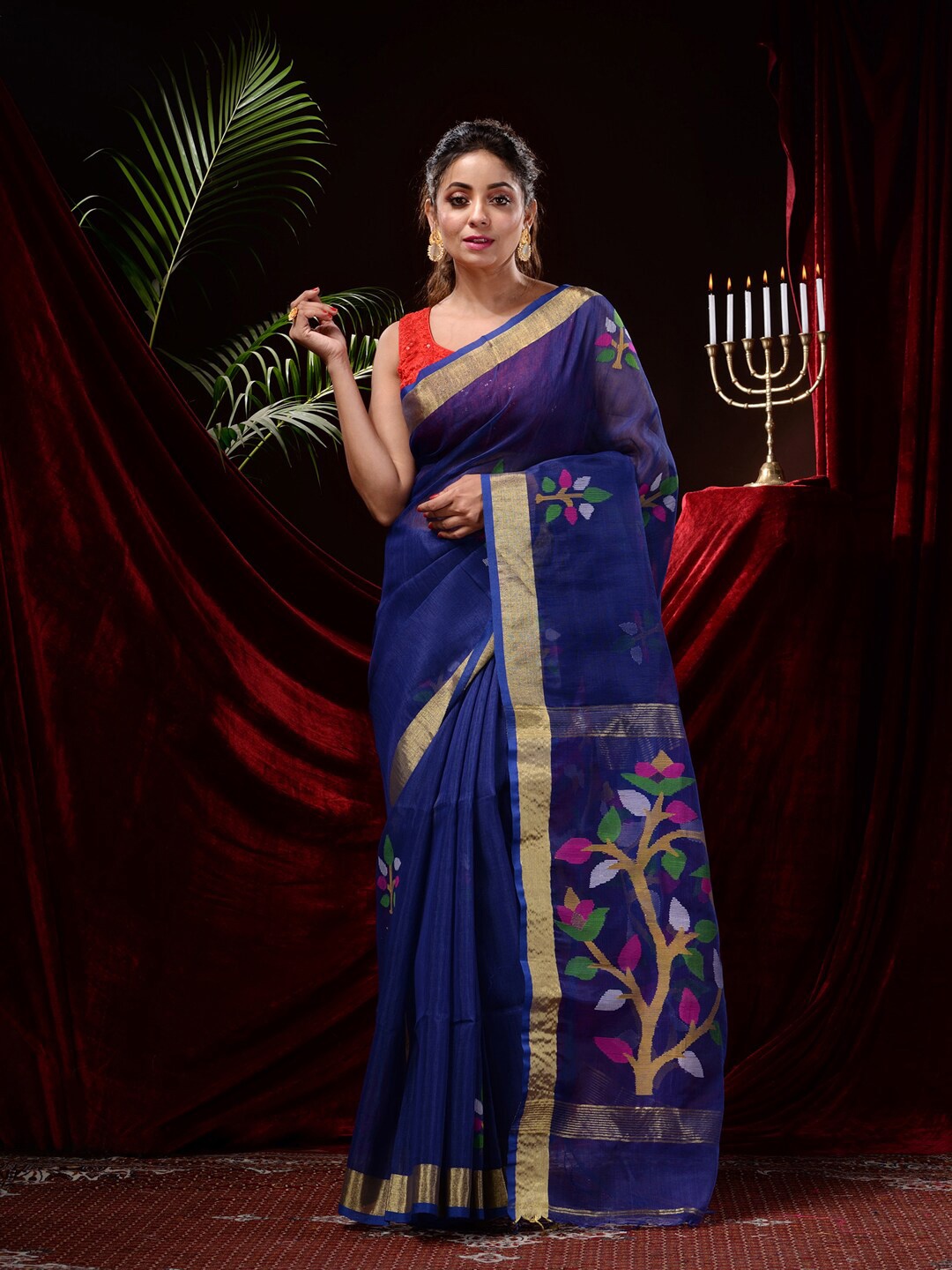 

Mitera Woven Design Zari Bordered Pure Silk Saree, Navy blue