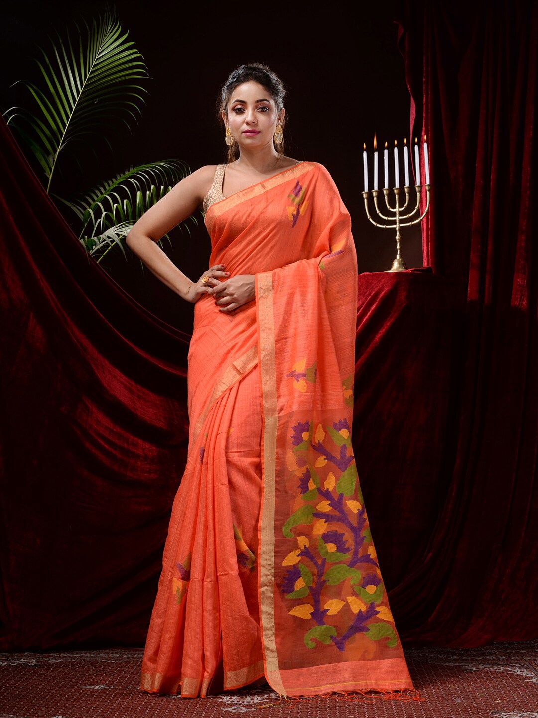 

Mitera Woven Design Zari Bordered Pure Silk Saree, Peach