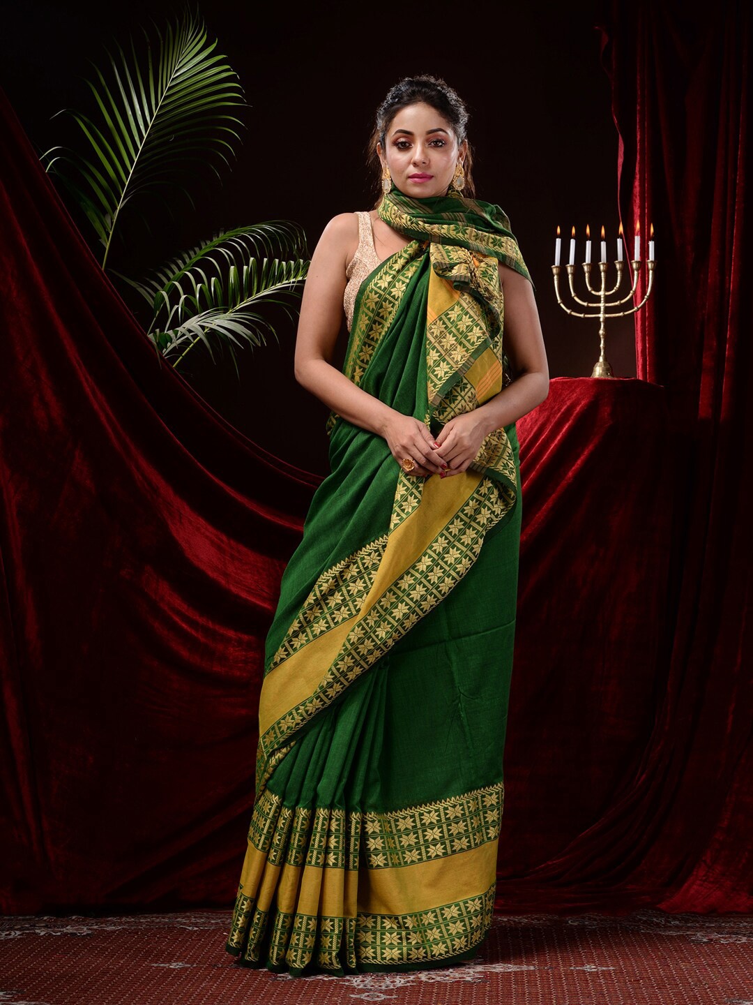 

Mitera Woven Design Border Zari Pure Cotton Saree, Green