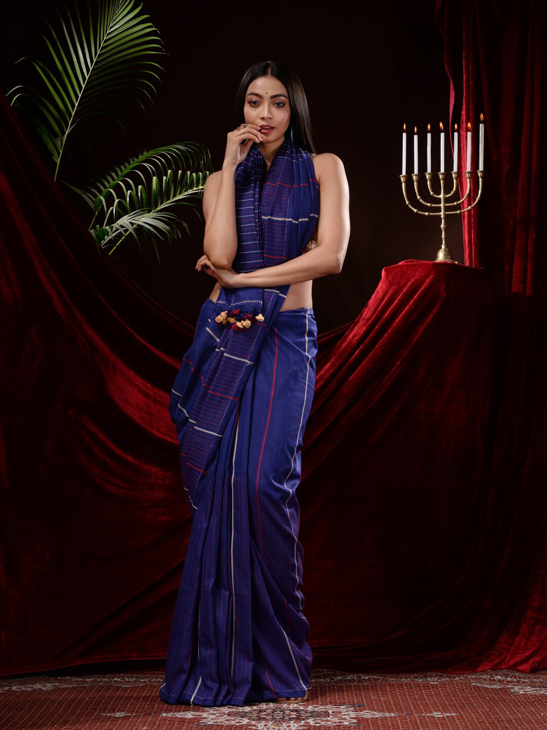

Mitera Striped Pure Cotton Saree, Blue