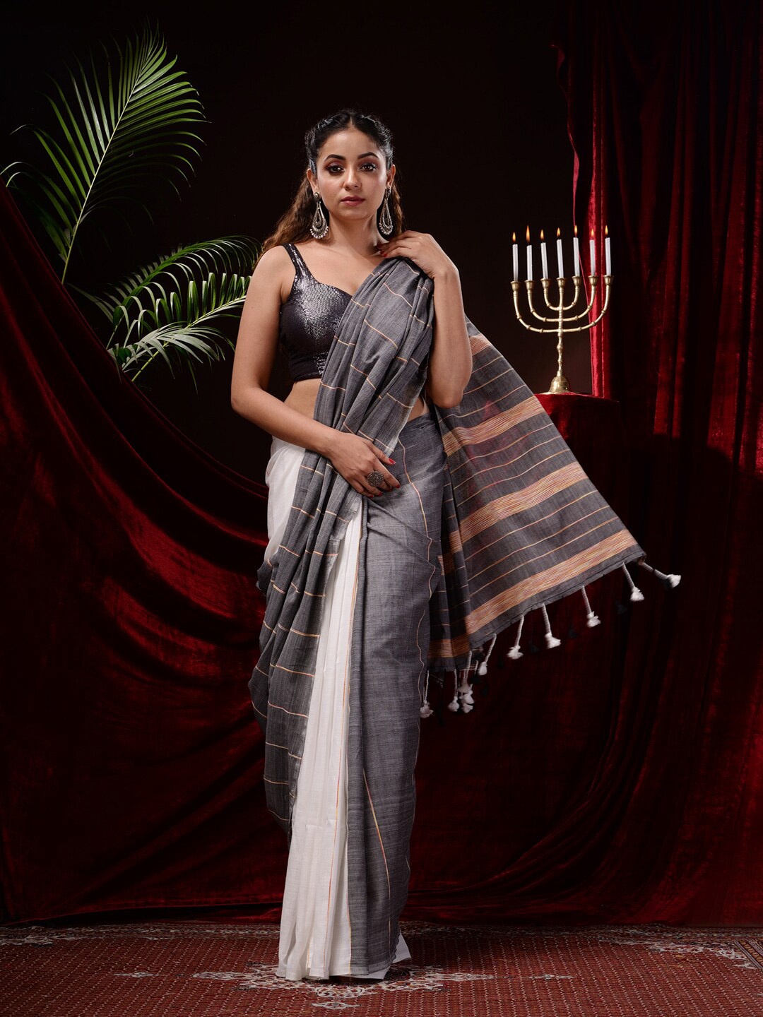 

Mitera Striped Pure Cotton Saree, Grey