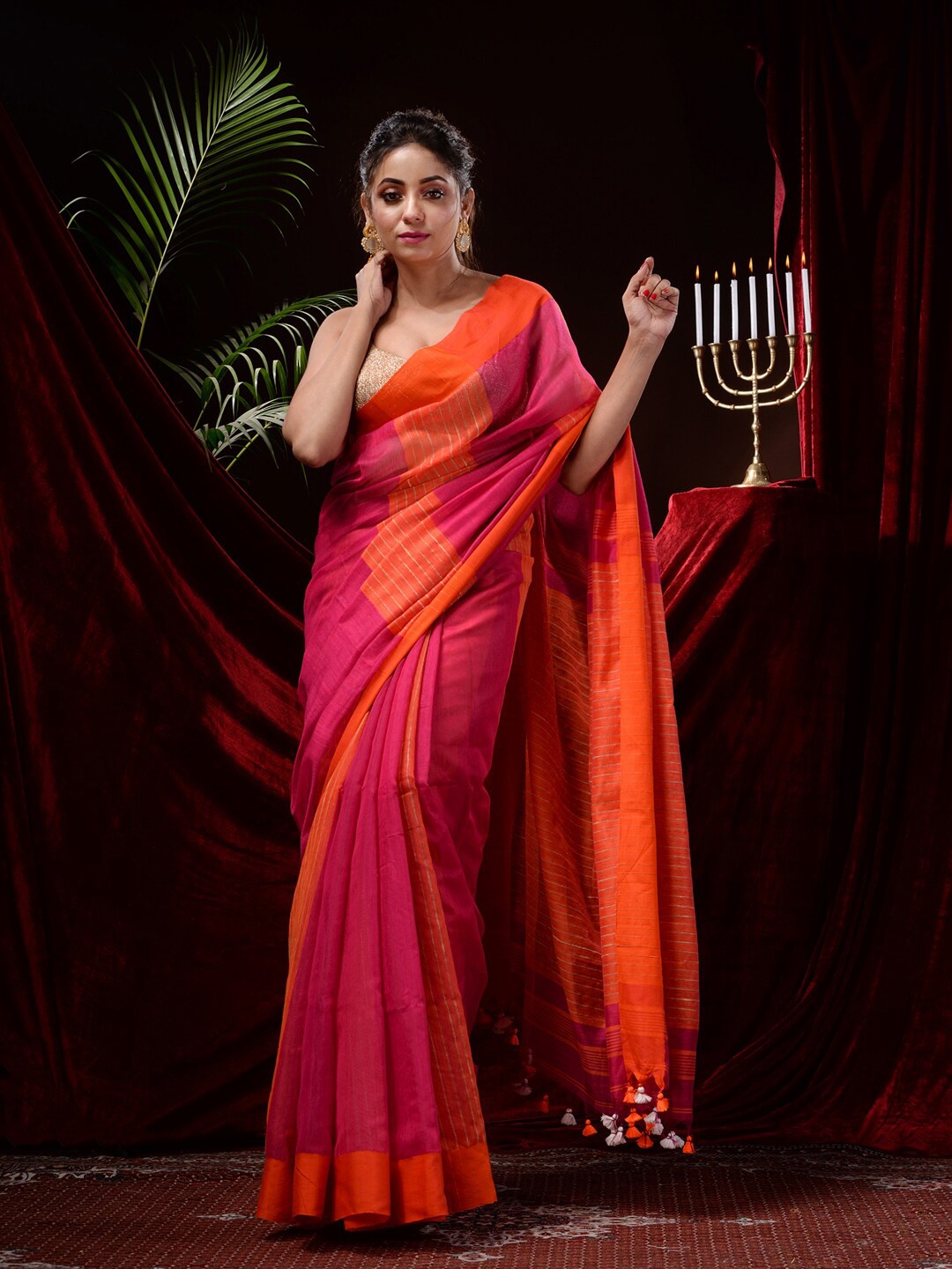 

Mitera Woven Design Striped Saree, Magenta