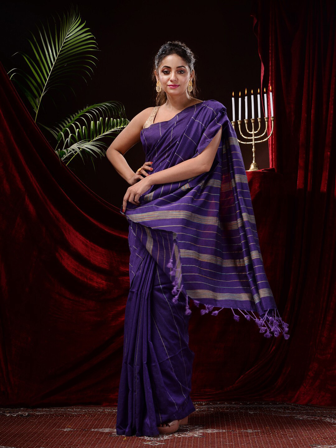 

Mitera Striped Pure Cotton Saree, Violet
