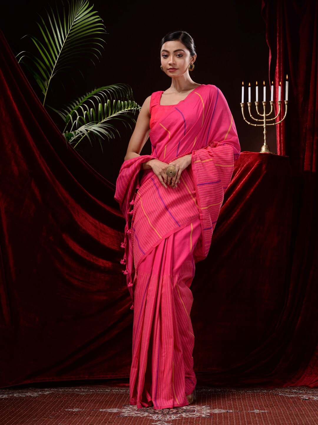 

Mitera Striped Pure Cotton Saree, Pink