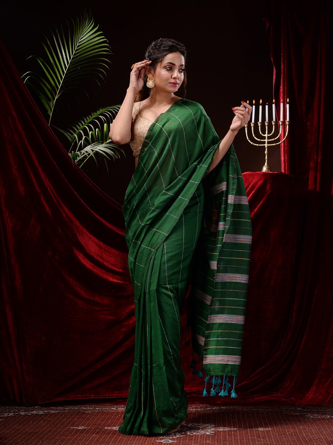

Mitera Striped Pure Cotton Saree, Green