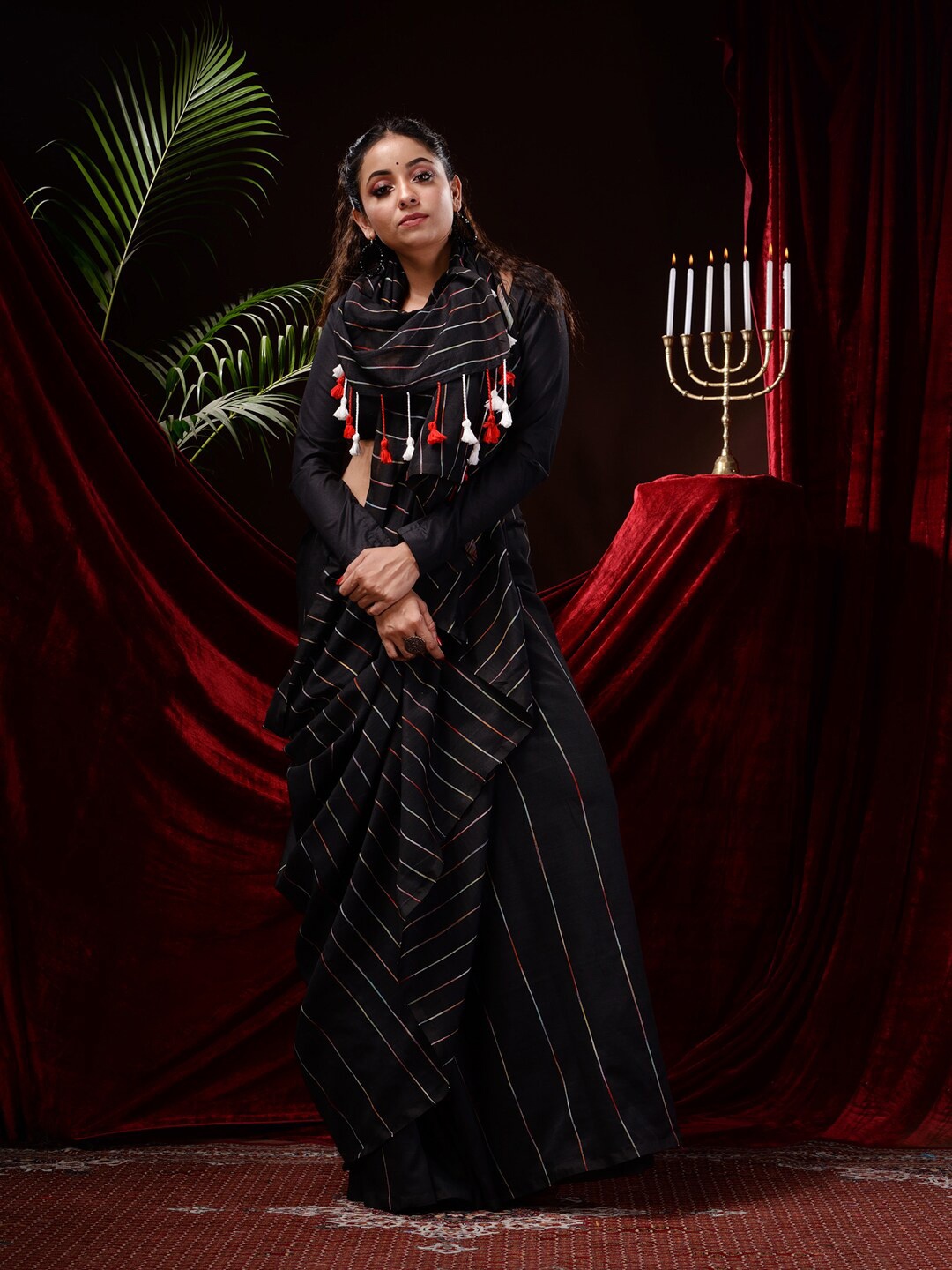 

Mitera Striped Pure Cotton Saree, Black