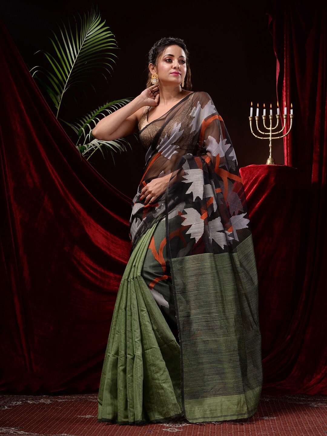 

Mitera Floral Woven Design Jamdani Saree, Green