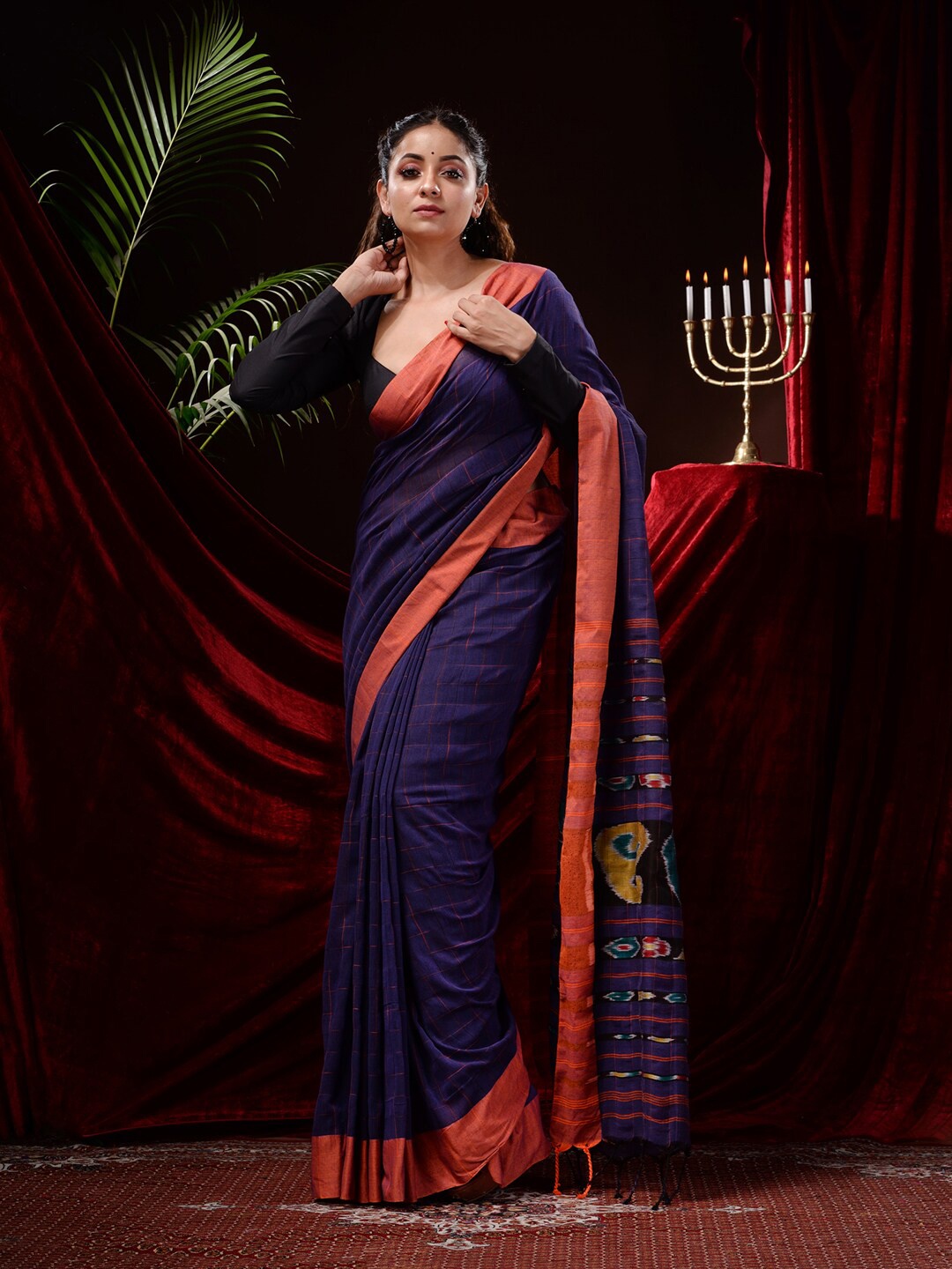

Mitera Checked Pure Cotton Saree, Blue