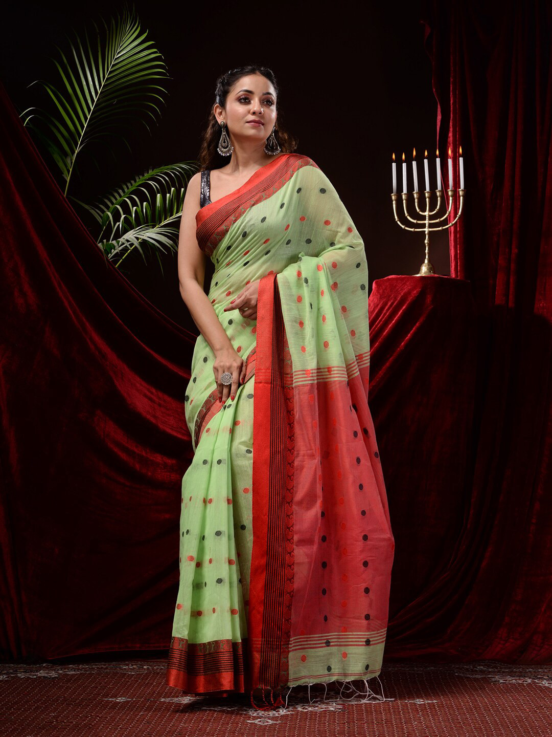

Mitera Polka Dot Woven Design Saree, Lime green