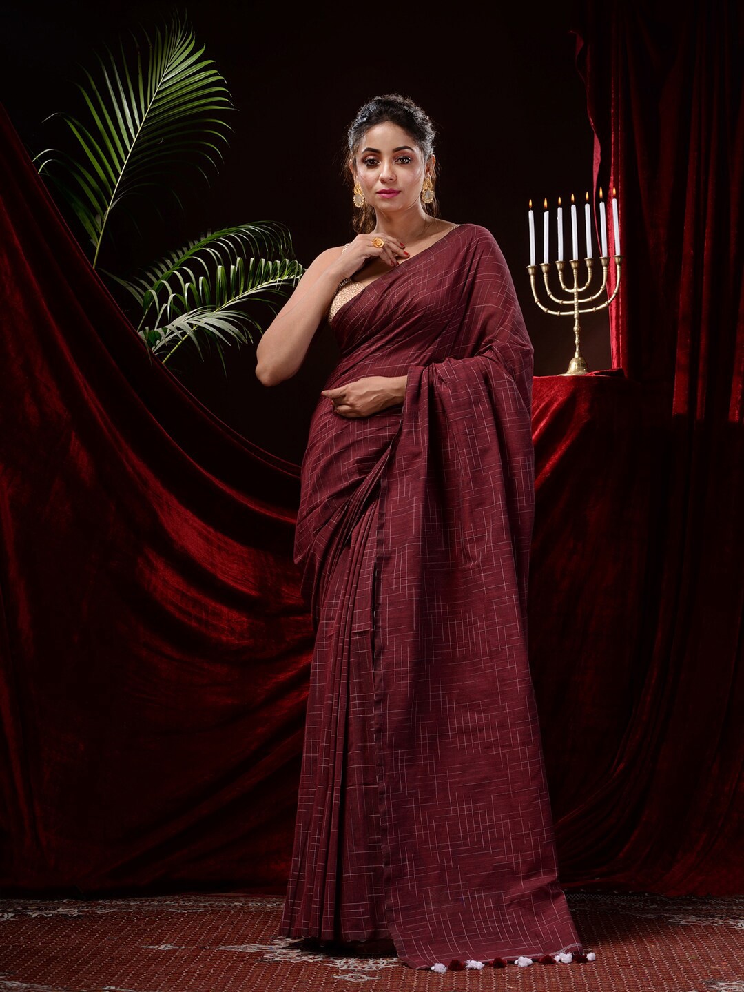 

Mitera Geometric Woven Design Pure Cotton Saree, Brown