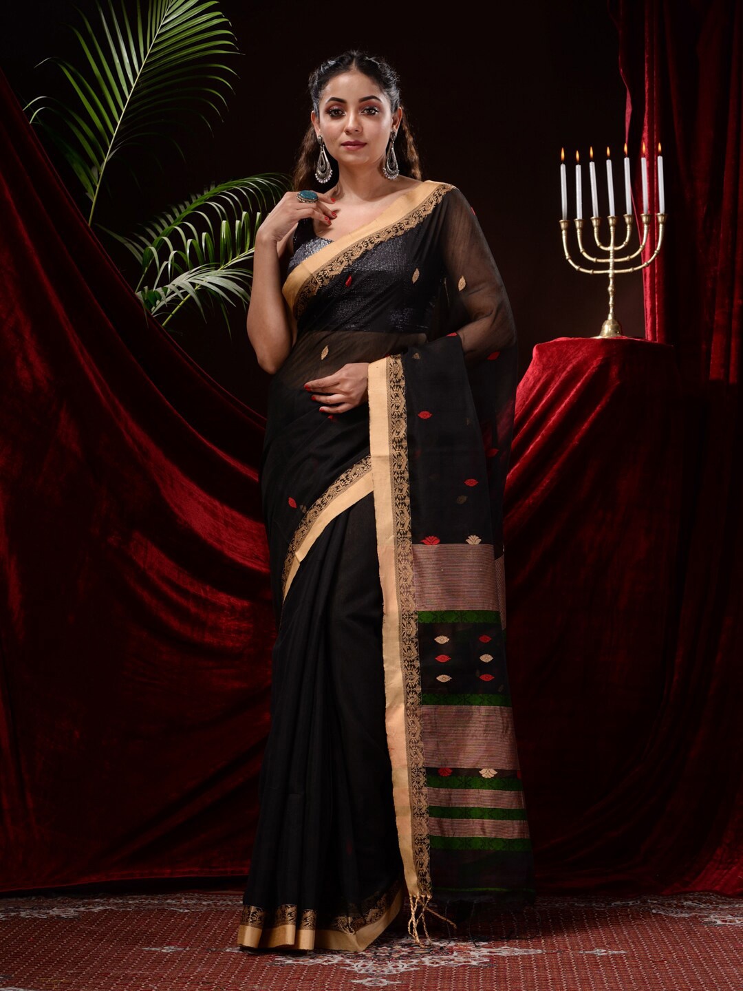 

Mitera Ethnic Motifs Silk Cotton Saree, Black