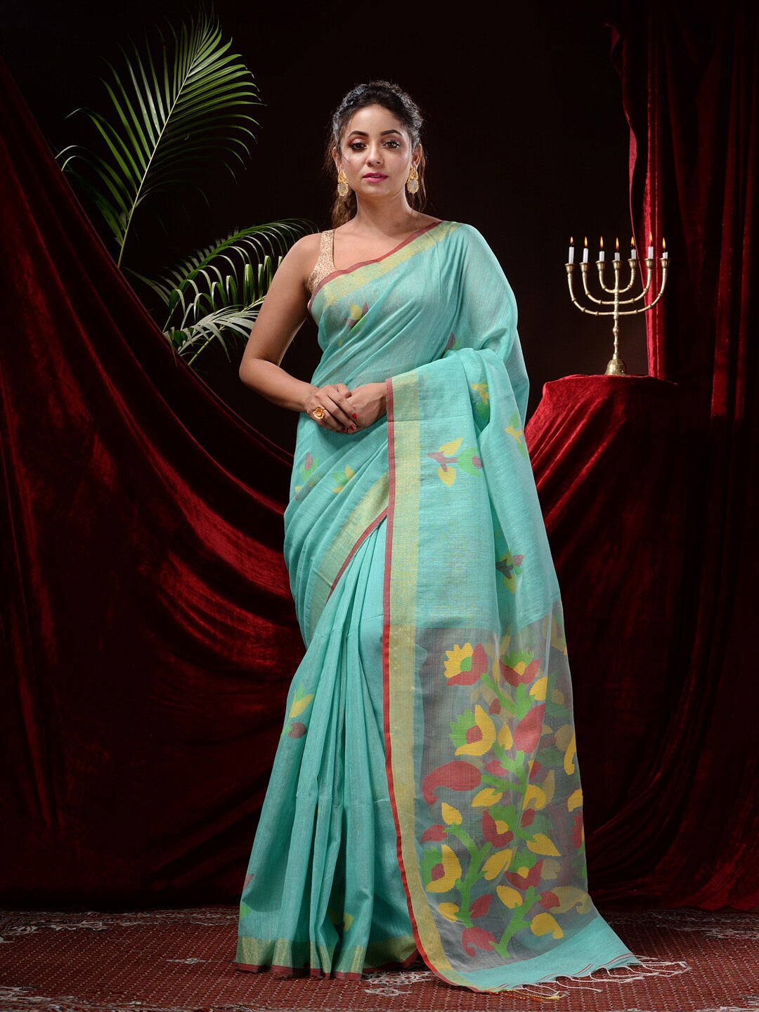 

Mitera Ethnic Motifs Woven Design Zari Pure Silk Saree, Sea green