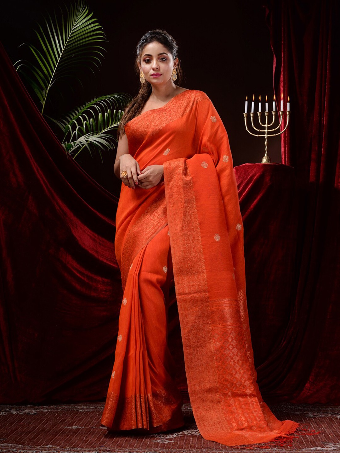 

Mitera Woven Design Zari Pure Linen Saree, Orange