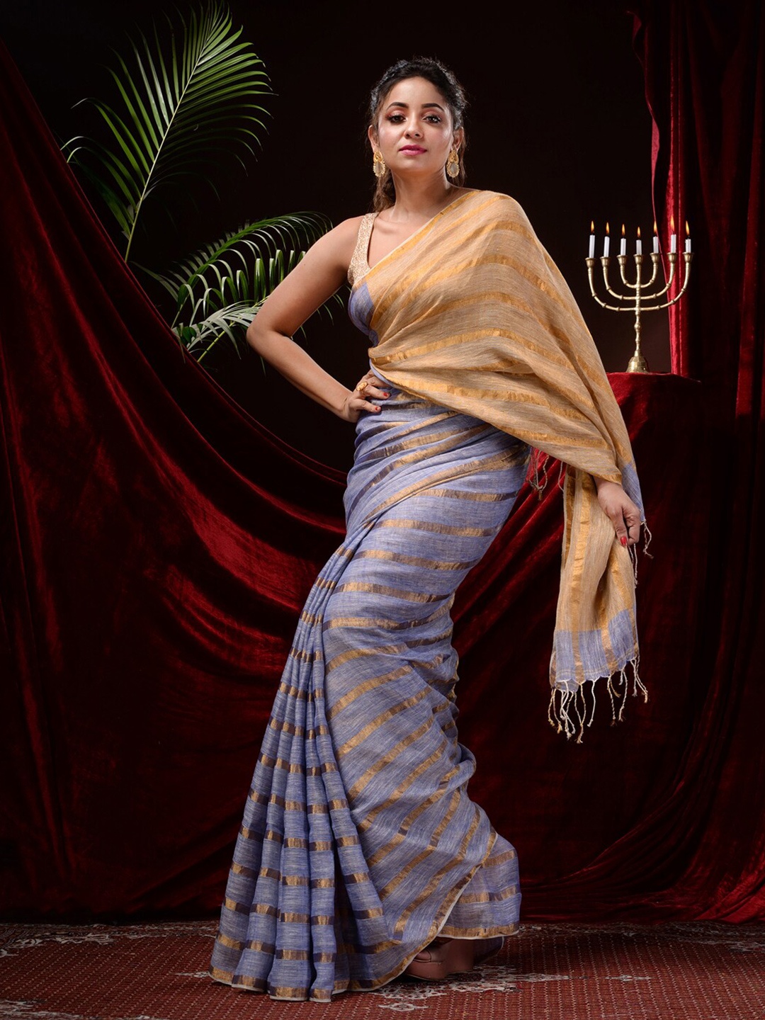

Mitera Woven Design Zari Pure Linen Saree, Blue