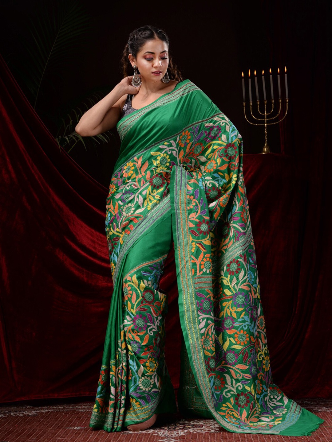 

Mitera Floral Kantha Work Embroidered Pure Silk Saree, Green