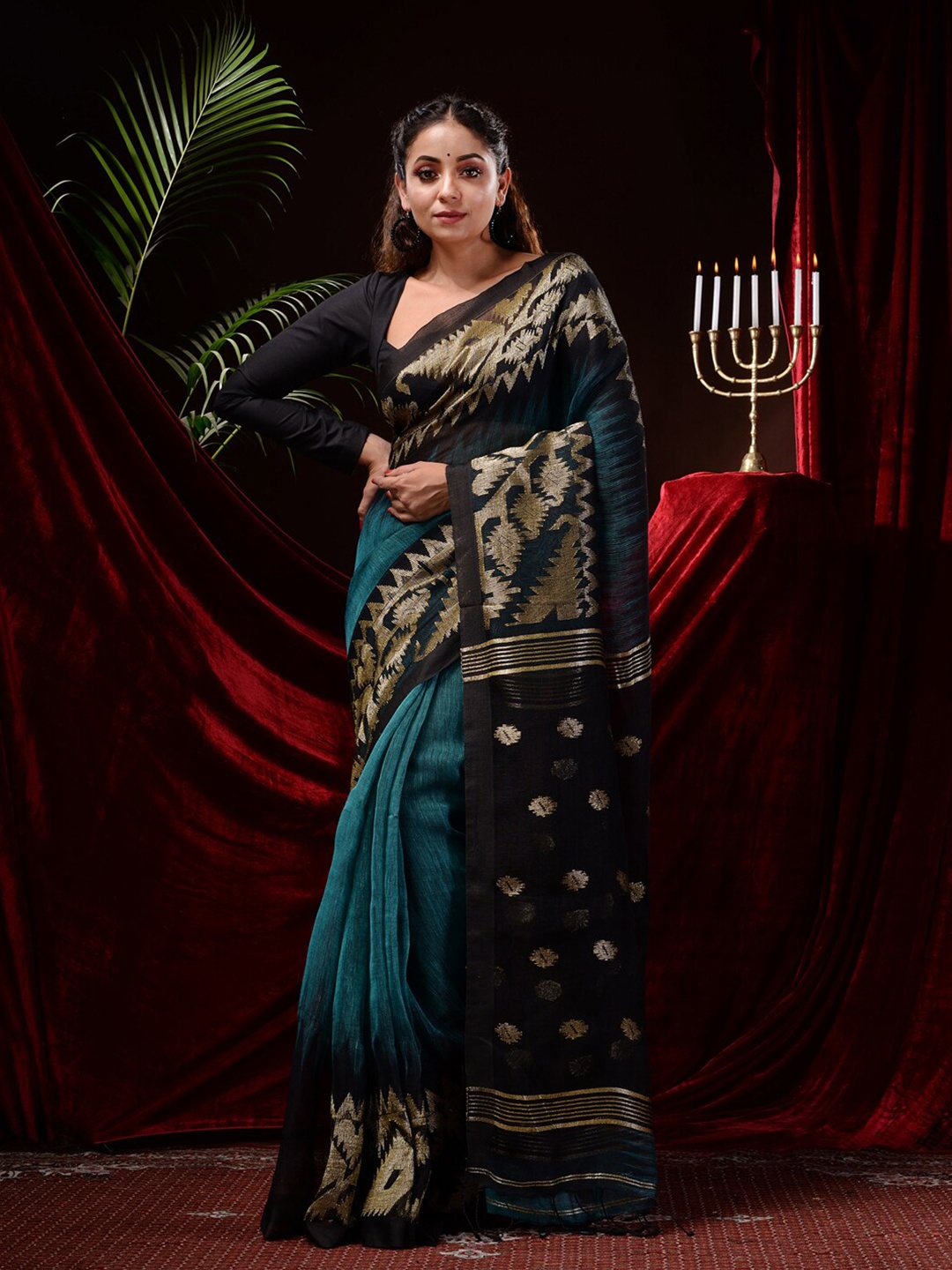 

Mitera Woven Design Zari Saree, Teal