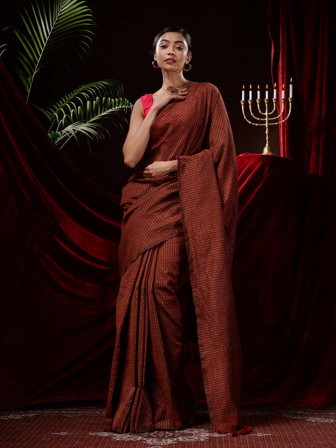 

Mitera Striped Pure Cotton Saree, Rust