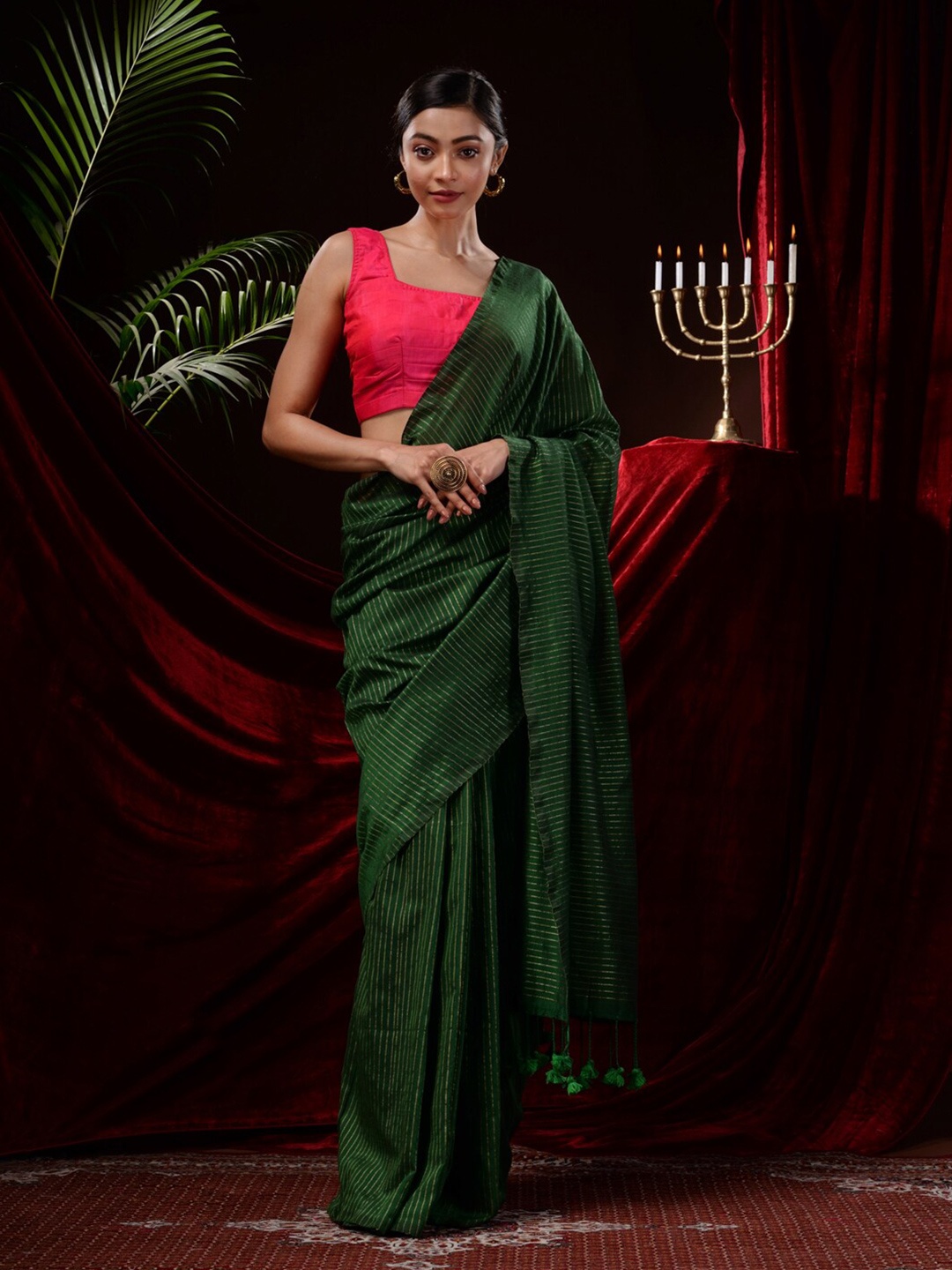 

Mitera Striped Pure Cotton Saree, Green