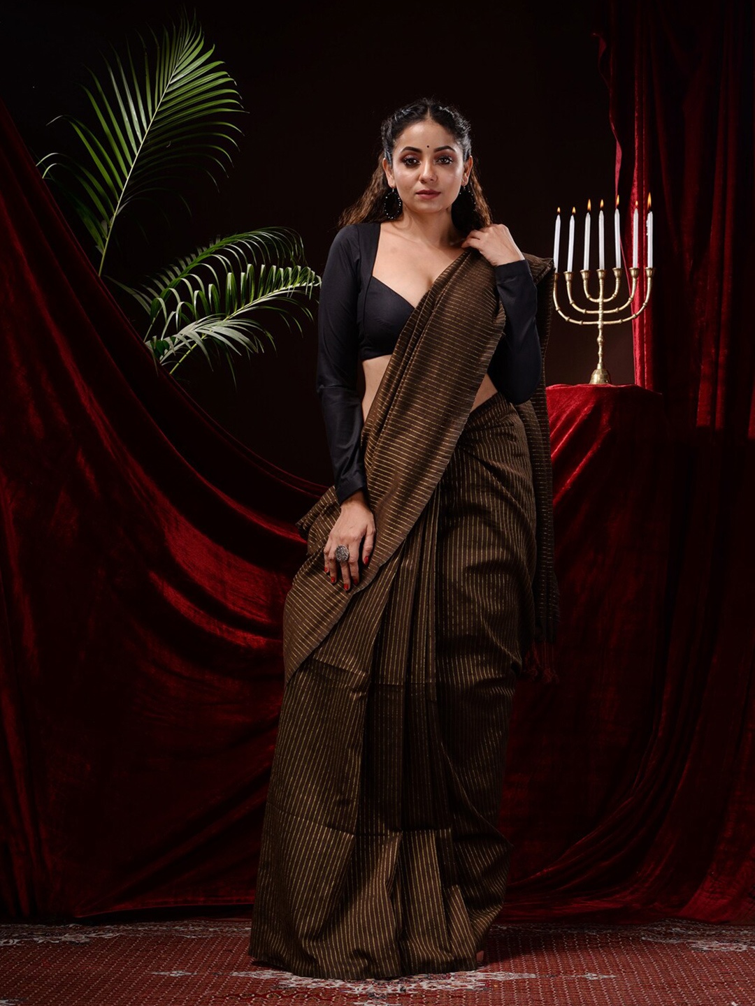 

Mitera Striped Pure Cotton Saree, Brown